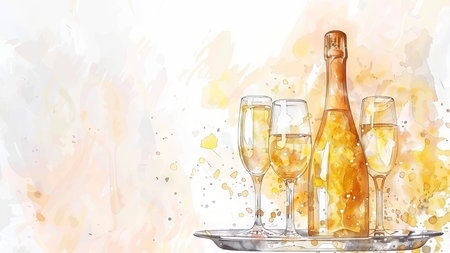 Champagne bottle with flutes on aquarelle backdrop. Watercolor illustration of celebratory drinks. Concept of celebration, toast, elegance, festivities, romance, and New Year. Copy spaceの写真素材