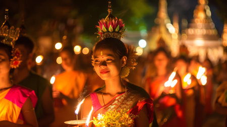 Buddhist followers with candles and flowers during Visakha Bucha Day. Vivid ceremony with Asian...