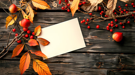Autumn-inspired flat lay with blank card. Fallen leaves and berries frame the space. Concept of...