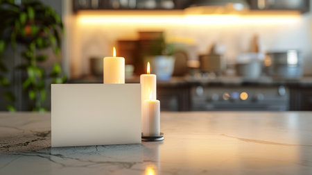 Elegant candles with blank card for text on counter. Warm ambiance and modern interior. Intimate atmosphere. Concept of invitation template, mockup designの写真素材