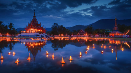 A panoramic view of a Buddhist temple lit by thousands of candles during Visakha Bucha Day at dusk, reflections on a nearby water body, devotees in deep meditation. Concept of religious celebrationの写真素材