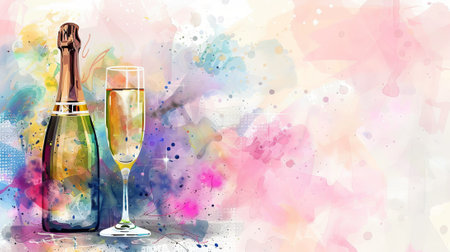Champagne bottle with glasses on aquarelle background. Watercolor art of celebratory drinks. Concept of celebration, toast, elegance, festivities, romance, and New Year. Copy space. Bannerの写真素材