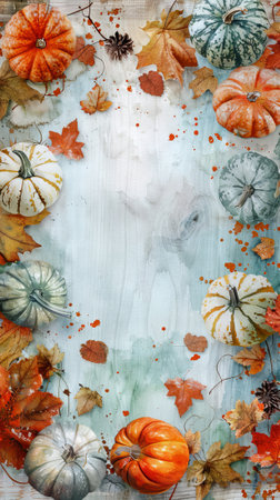 Pumpkins and fall leaves on wooden backdrop. Copy space for message or invitation. Concept of autumn harvest, seasonal decoration, Thanksgiving, fall background. Banner. Watercolor artwork. Verticalの写真素材
