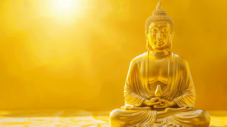 Meditative golden Buddha statue in lotus position on solid yellow background. Buddhist sculpture. Symbol of Buddhism. Concept of Zen, meditation, religion, spiritual awakening. Copy space. Bannerの写真素材