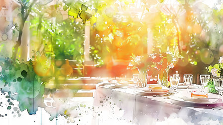 Dining setup in garden with festive decor. Outdoor restaurant. Flower-adorned tables and glassware...