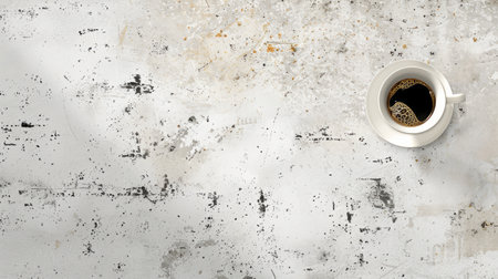 Cup of black coffee on white saucer, textured grey and white background. Flat lay composition with copy space. Minimalistic design for banner, poster, header. Concept of morning routine, coffee breakの写真素材