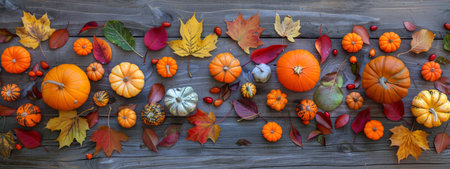 Assortment of colorful pumpkins and autumn leaves on wooden backdrop. Concept of autumn harvest,...
