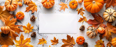 Autumn leaves and pumpkins on marble background. Blank paper for text in center. Thanksgiving mockup with copy space. Concept of fall, holiday card template, Thanksgiving design, harvest festivalの写真素材