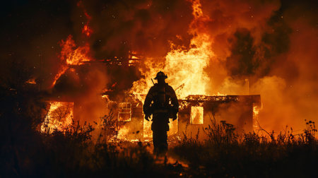 Brave Firefighter approaching a fully engulfed home at night. Heroic firefighter ready to tackle a...