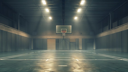 Quiet basketball court with a single hoop illuminated by gentle lighting. The slick, dark floor...