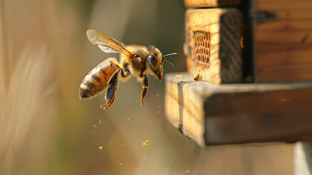Close-up of a honeybee in flight near a wooden beehive. A bee near to the hive entrance. Concept of...