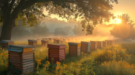 Peaceful apiary among wildflowers. Bee hives in a sunlit meadow. Beekeeping. Concept of apiculture, honey farming, serene agriculture, natural beauty, rural life, pollinator habitatsの写真素材