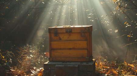 Forest apiary with beehive amidst wild flora. Beekeeping in a tranquil woodland. Concept of...