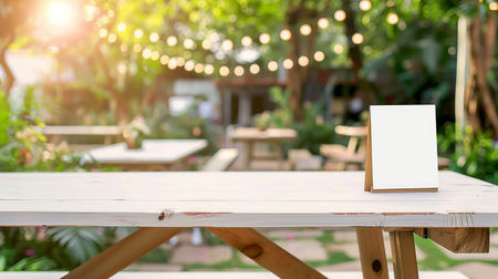 Blank dinner invitation mockup on restaurant table in garden. Empty white menu card in outdoor dining setting. Copy space. Concept of menu mockup, invitation design, table presentation, event planningの写真素材