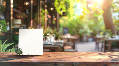 Blank dinner invitation mockup on restaurant table in garden. Empty white menu card in outdoor...