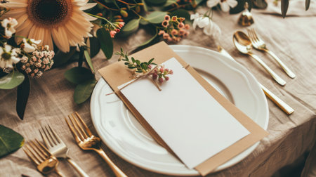 Elegant dining setting with a blank white card on a plate and flatware. Table arrangement with empty...