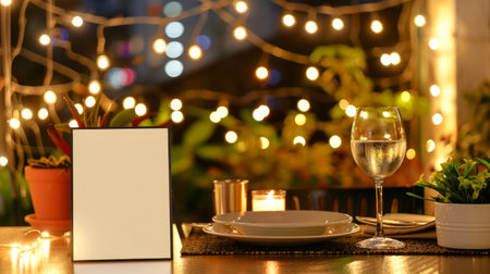 Cozy dinner setting with blank card for text. Romantic restaurant table with glass of wine and mockup invitation. Concept of intimate dining, celebration, ambiance, mock up designの写真素材