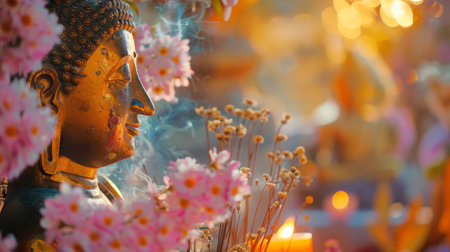 Meditative Buddha statue among flowers. Tranquil Buddhist sculpture. Symbol of Buddhism. Concept of Zen, meditation, religion, peace, spiritual enlightenment. Banner. Copy spaceの写真素材