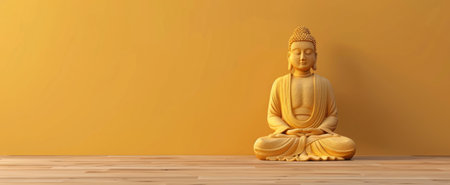 Meditative golden Buddha statue in lotus position on solid yellow background. Buddhist sculpture. Concept of Buddhism, Zen, meditation, religion, spiritual awakening. Copy space. Wide bannerの写真素材