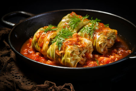 Hearty stuffed cabbage rolls, a Ukrainian culinary staple. Garnished with fresh dill on earthenware. Concept of traditional recipes, family dining, and cultural heritage.の写真素材