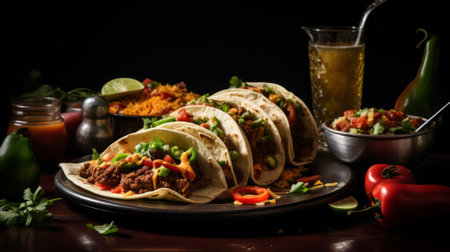 Flavor-packed Mexican tacos served with lime. A classic dish with fresh herbs and toppings. Concept of Mexican gastronomy, zesty flavors, and casual eats. Dark backdropの写真素材
