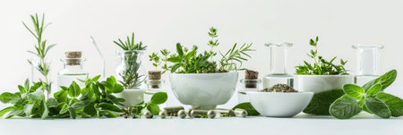 Fresh herbs and lab equipment on a white background. Herbal plants with scientific glassware. Concept of herbal medicine, natural remedies, scientific research in homeopathy, and plant-based therapy.の写真素材