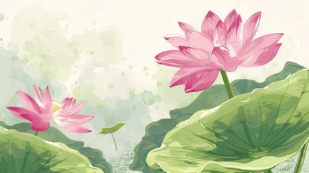 Watercolor illustration of pink lotus flowers with green leaves. Artistic depiction of blooming lotuses. Concept of nature-inspired art, floral beauty, and tranquil water gardens.の写真素材
