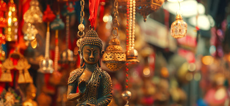 Ornate Buddhist charm exhibited with vibrant hues behind. Traditional Thai amulet for spiritual...