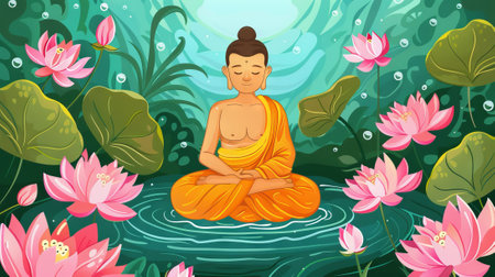 Buddha meditating on lotus position. Man in meditation. Symbol of Buddhism. Concept of enlightenment, Zen, religion, spiritual awakening, inner peace, tranquility. Vibrant Digital illustrationの写真素材