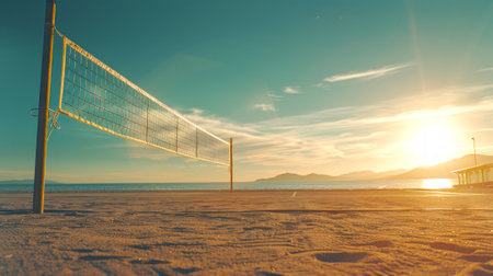 Pristine sandy beach with a volleyball net, clear sky, and turquoise sea. Oceanfront volleyball court. Concept of leisure, tropical sports, and beach vacation activities.の写真素材
