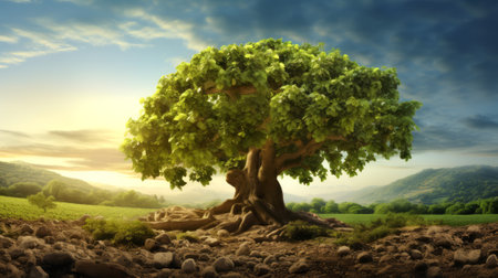 Sturdy mulberry tree in a lush green field. A silk mulberry tree with intricate root system. Concept...