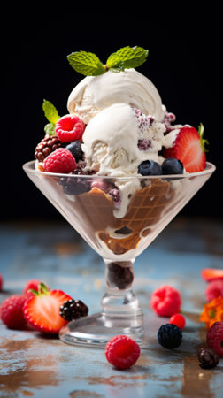 Scoops of assorted ice cream in a glass bowl. Vanilla, strawberry, and chocolate ice cream with...