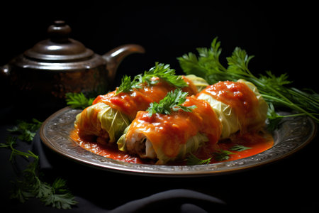 Ukrainian cabbage rolls filled with rice and meat. Served with tomato sauce and dill. Concept of national cuisine, homemade meals, and cultural dishes.の写真素材