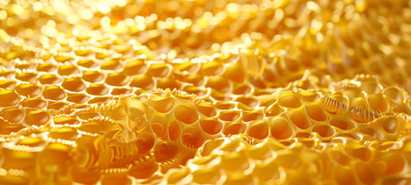 Stylized gold Honeycomb pattern with honey. Hexagonal Beeswax structure. Concept of apiculture,...