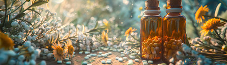 Amber glass bottles with homeopathy pills among blooming wildflowers. Concept of homeopathy, botanical medicine, holistic health, natural pharmaceuticals, alternative medicine. Banner. Copy spaceの写真素材