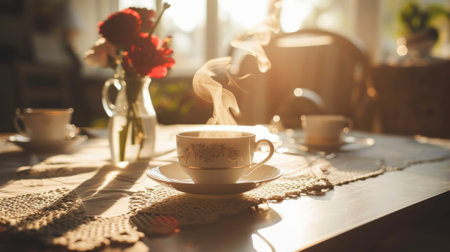 Steaming cup of tea on a lace tablecloth with morning sunlight. Cozy breakfast and home comfort concept. Still life photo for design in caf menus, posters, and home decor. Warm interiorの写真素材