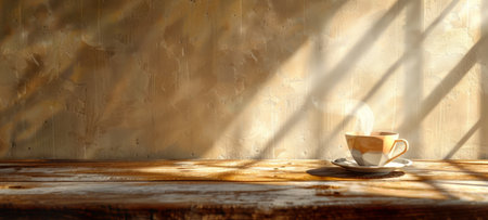 Steaming cup of tea on table with shadows from window. Cozy breakfast scene with warm sunlight....
