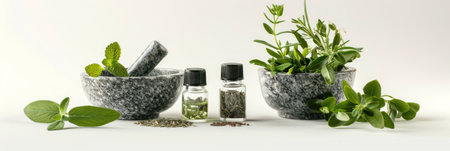 Medicinal herbs and laboratory glassware on white backdrop. Plant ingredients with lab equipment. Concept of homeopathic medicine, research in natural health, botanical extracts, alternative medicineの写真素材
