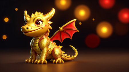 Friendly golden dragon with wings. Cheerful cartoon yellow dragon with a whimsical design. Concept of fantasy creatures, mythical beings, and playful character art. Dark bokeh backgroundの写真素材