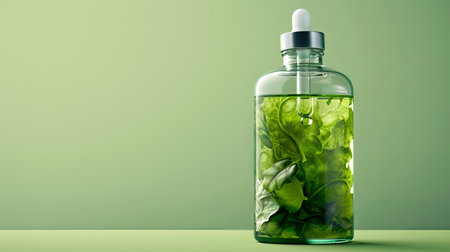 Clear glass dropper bottle filled with vibrant green herb-infused oil on light green background. Banner. Copy space. Natural and organic skincare concept for design and print.の写真素材