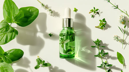 Essential oil. Botanical extract in dropper bottle with green leaves around. White background. Concept of essence, natural skincare, organic beauty products, aromatherapy, herbal cosmetics. Top viewの写真素材