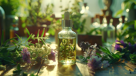 Glass dropper bottle with aromatic essential oil, surrounded by variety of fresh homeopathic herbs on rustic wooden table. Herbal essence. Concept of aromatherapy, natural wellness, plant extracts.の写真素材