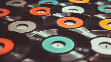 Collection of vinyl records. Assortment of vinyl LPs. Top view. Backdrop. Copy space. Concept of...