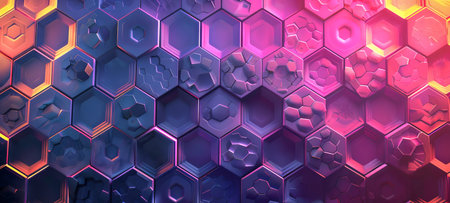 Multicolored hexagon pattern with vivid pink and orange tones. Close-up of a lively abstract design. Futuristic neon Honeycombs. Concept of modern art, geometry, and digital aesthetics. Backdropの写真素材