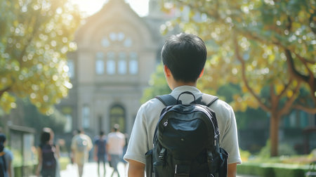 Asian student with a backpack walking in university campus. Back view of young man. Concept of...