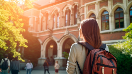Asian university student outside college buildings. Back view of young woman with backpack. Concept of academic aspirations, higher education, student diversity, new beginnings, and cultural integration. Copy spaceの写真素材