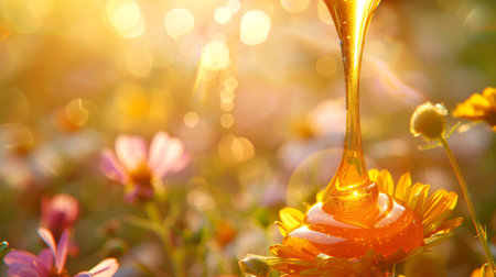 Amber honey dripping against a blurred floral background with bokeh lights. Concept of organic sweetness, natural foods, wholesome produce, bee products. Banner. Copy spaceの写真素材