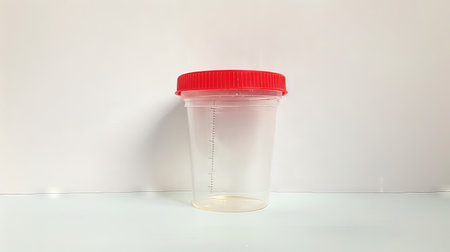 Transparent urine sample container with red lid. Laboratory urine test cup for medical analysis....