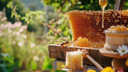Honeycomb with honey on a wooden surface in a garden. Nature blurred background. Concept of summer harvest, natural sweets, organic dessert, outdoor dining, healthy food, and beekeeping. Copy spaceの写真素材