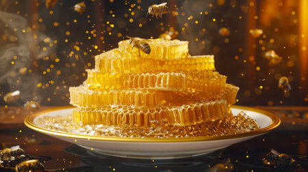 Glistening honeycomb on a plate, drenched in golden honey. Luminous honeycomb and honey on a dish....